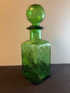Vintage Empoli Verde Glass Diamond Patterned Decanter w/ Stopper